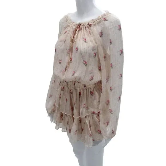 Love Shack Fancy Womens Blouson Floral Beige Long Sleeve Silk Dress Size XS - Picture 2 of 6